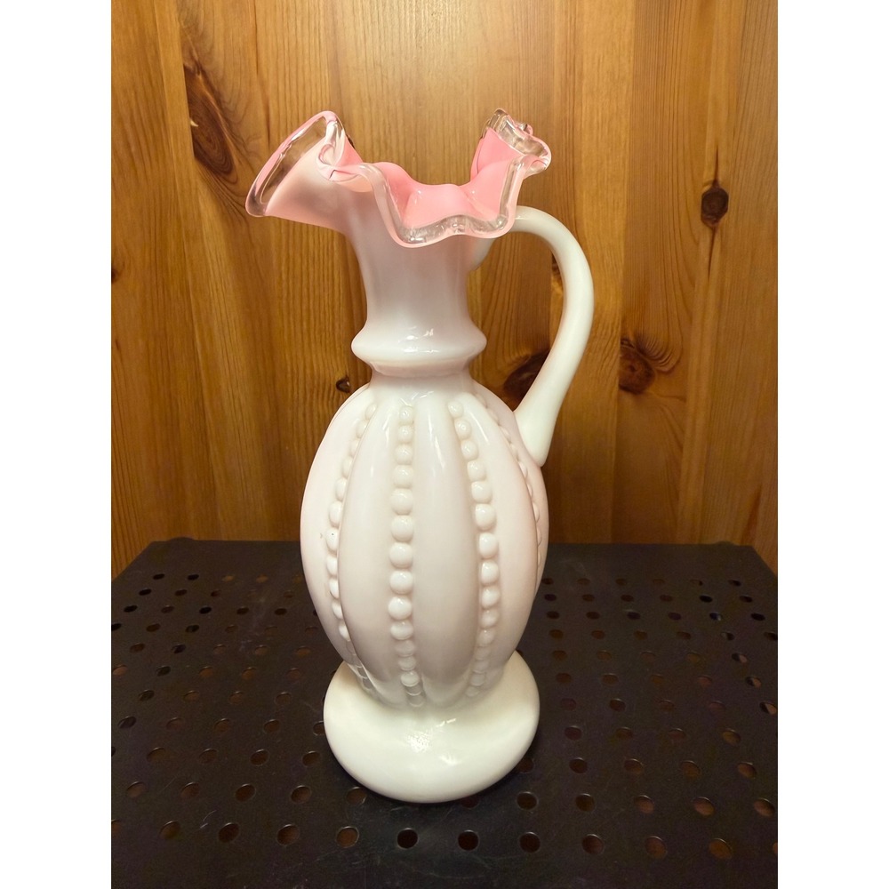 Vintage Milk Glass Pitcher Vase Cased Pink Ruffled Rim Beaded Melon Rib 9.5"